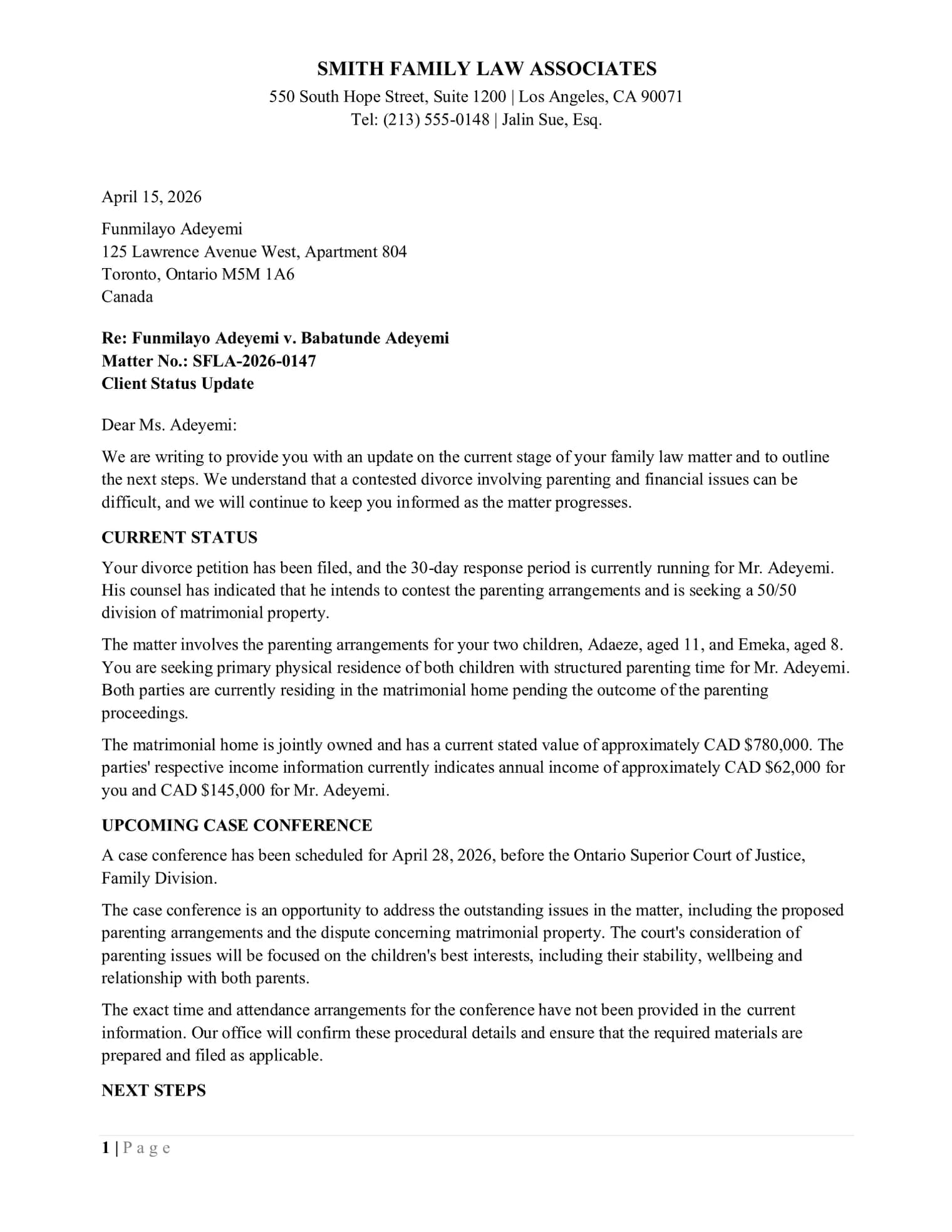 Page one of a client status update letter on firm letterhead, opening at the current status section.