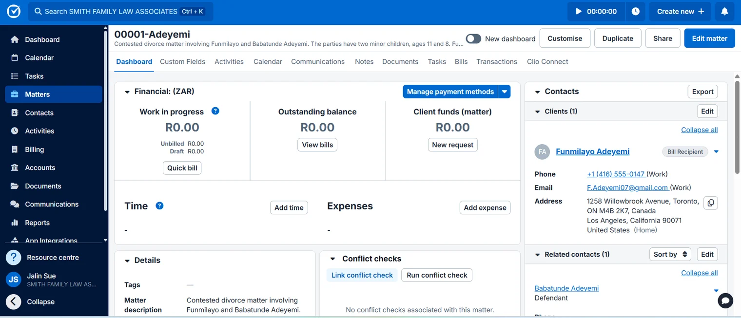 A Clio matter dashboard showing the financial summary, client contacts and a logged conflict check.