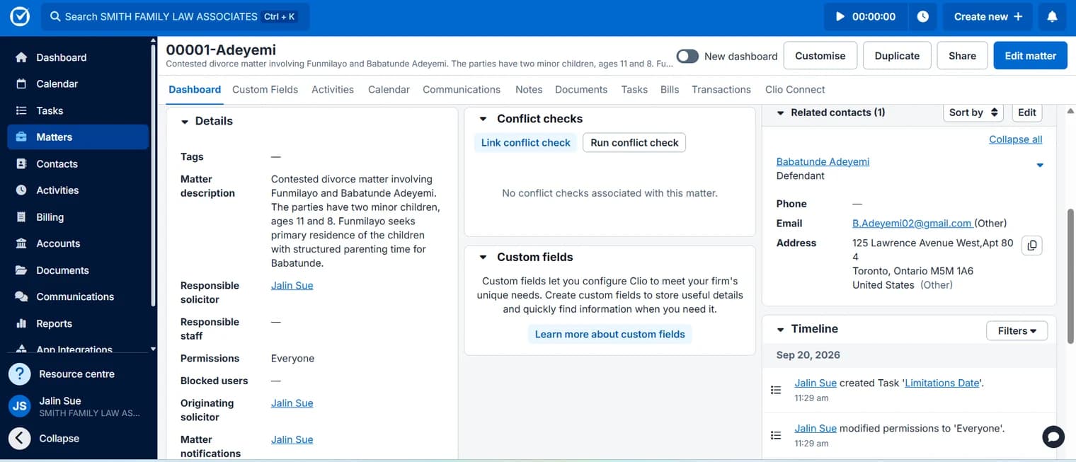 Clio Matter Setup & Case Management — Matter description, responsible and originating solicitor, permissions and the activity timeline; the fields that make a file legible to someone who did not open it.