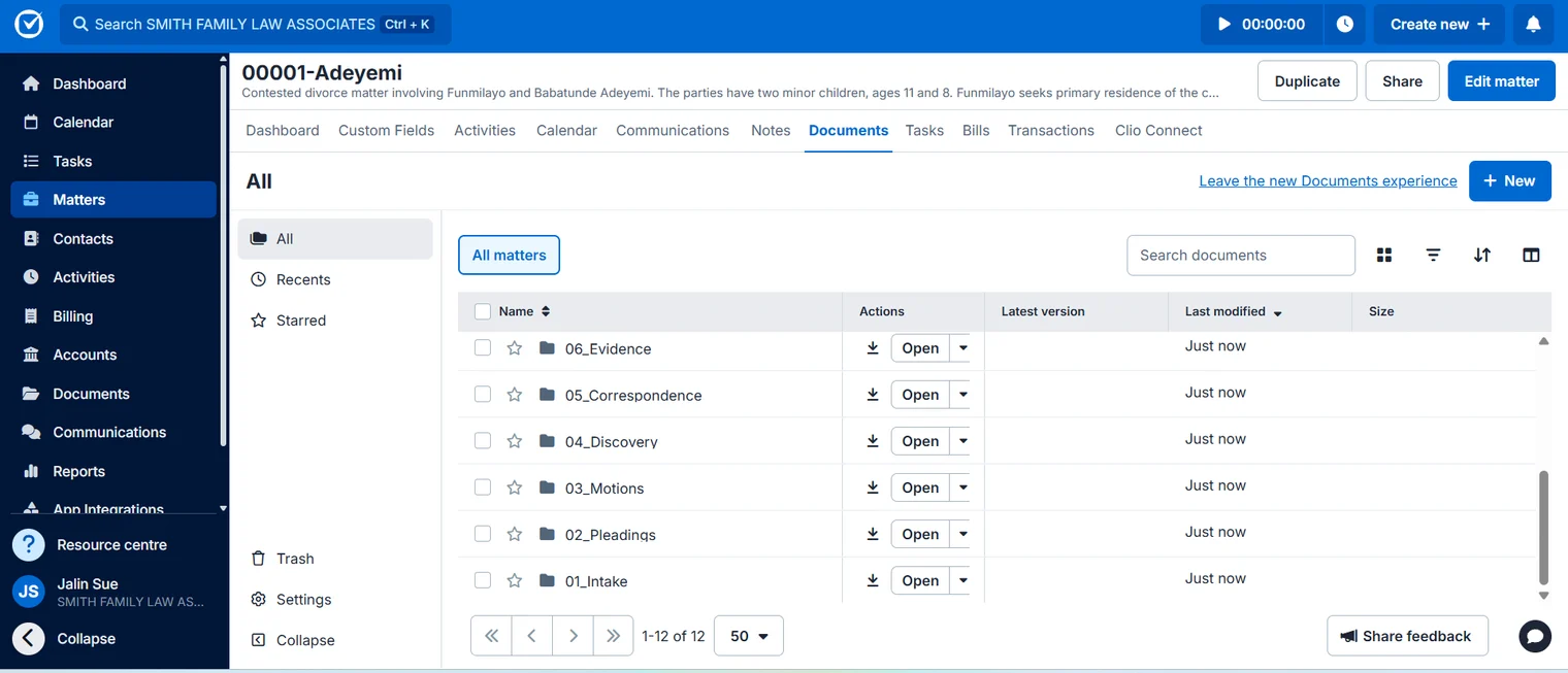 Clio Matter Setup & Case Management — The standard folder set created with the matter, identical in Clio and in Drive.