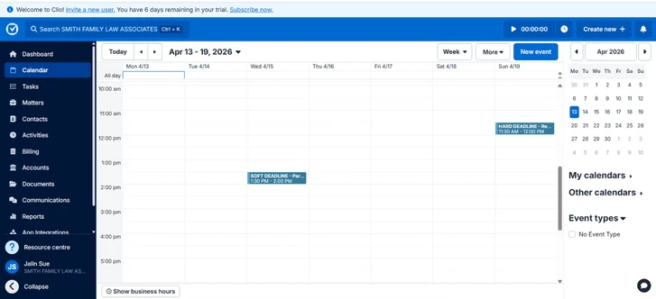 A Clio matter calendar showing a soft internal deadline ahead of a hard court deadline in the same week.