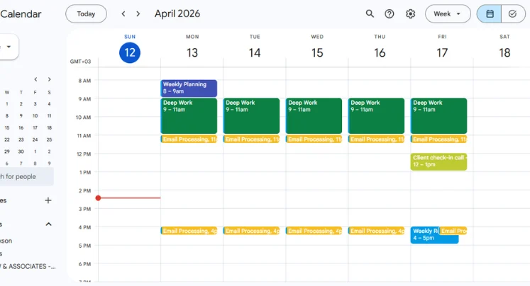 Docket & Calendar Management — The working week behind the docket: blocked deep work, fixed email windows and a standing weekly review.