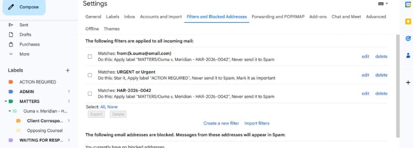 Inbox Triage & Matter Filing — The filters doing it: sender, matter reference and urgency each routed to a label automatically, so triage is a rule rather than a habit.