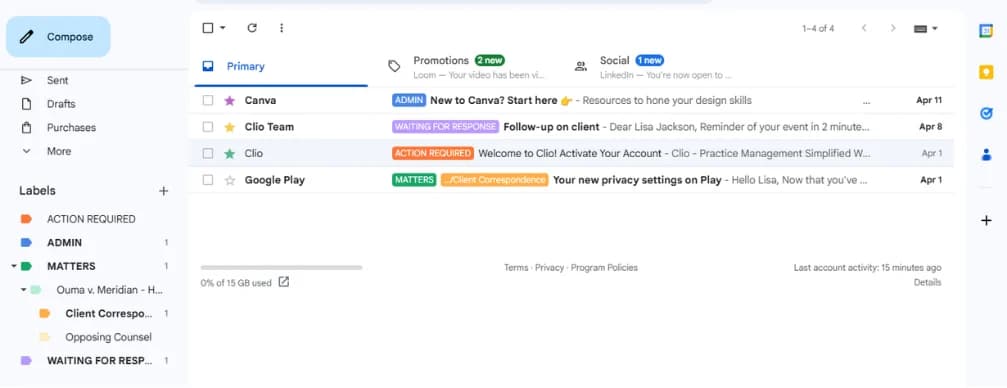 A triaged inbox where every thread carries a status label and a matter label.
