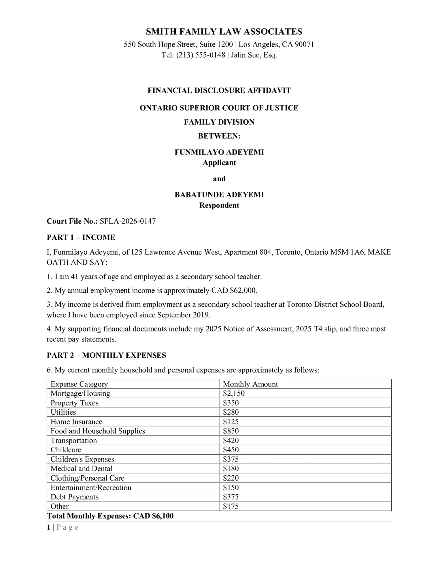 Page one of a financial disclosure affidavit on firm letterhead, opening with the income section.