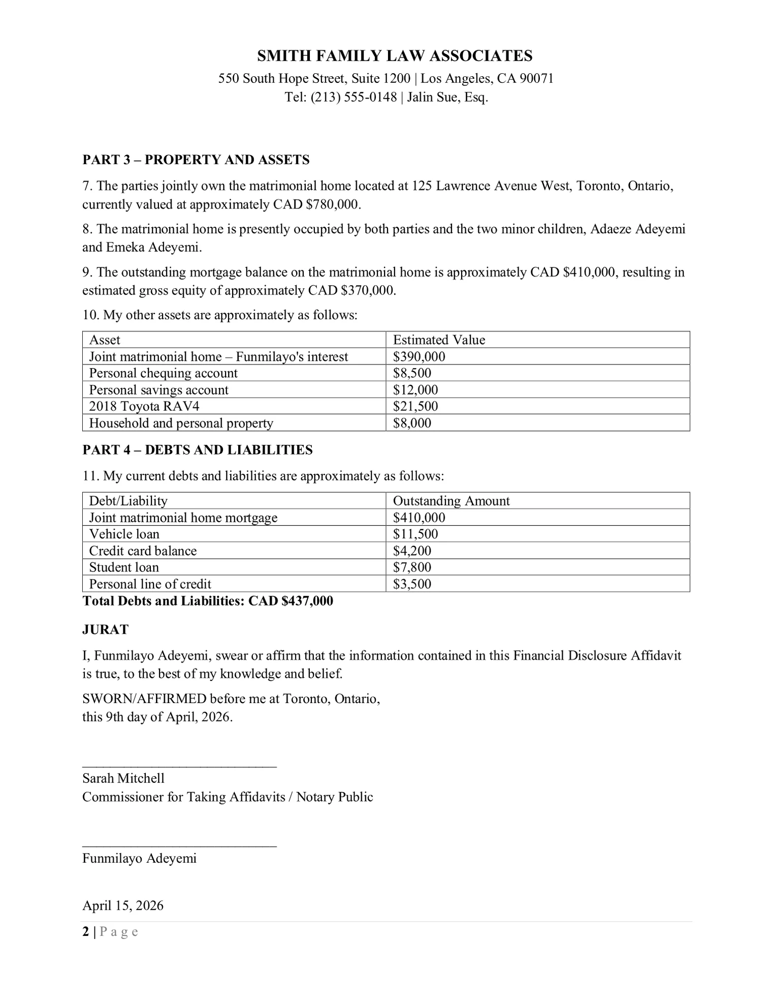 Financial Disclosure Affidavit, page 2 of 5