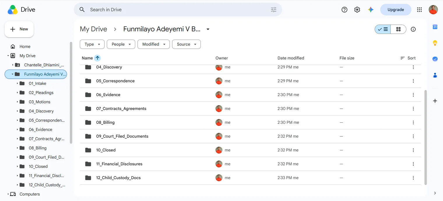 A Google Drive matter folder showing a numbered twelve-folder taxonomy from intake through child custody documents.