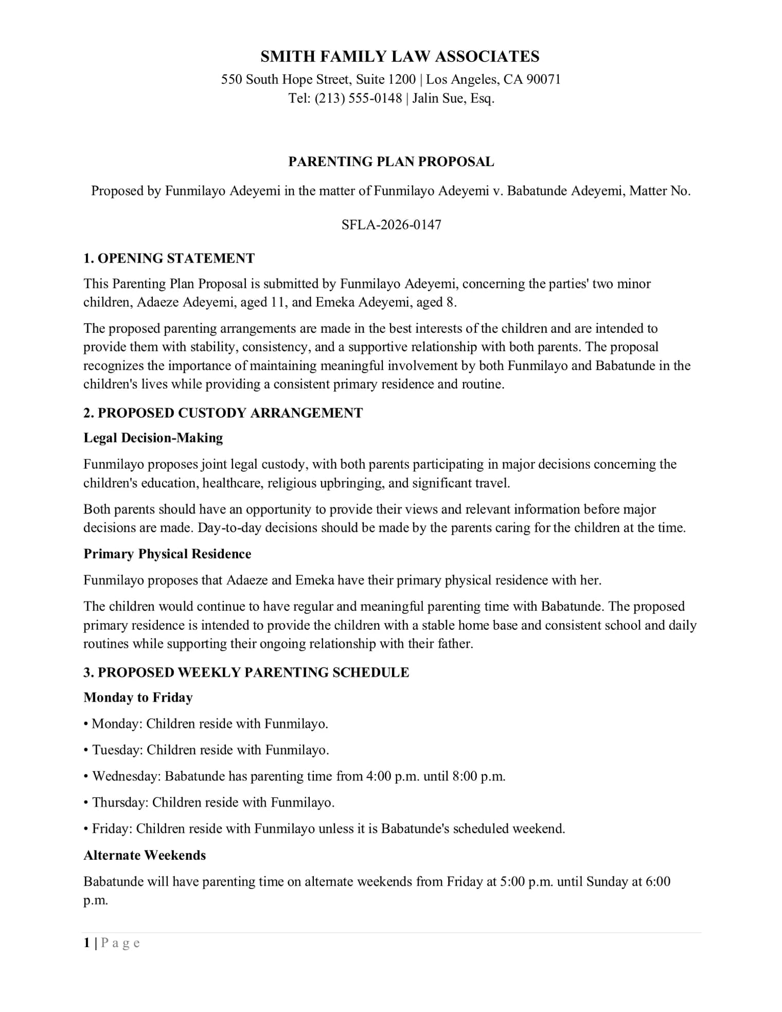 Page one of a parenting plan proposal, open at the proposed custody arrangement.