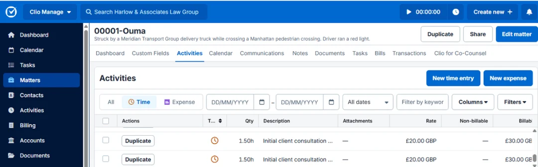 A matter activities list showing time entries with durations, rates and billable amounts.