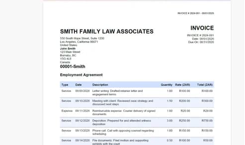 Time Entries to Generated Invoice — The invoice those entries generate: every line traceable to a dated task, with reimbursable expenses broken out.